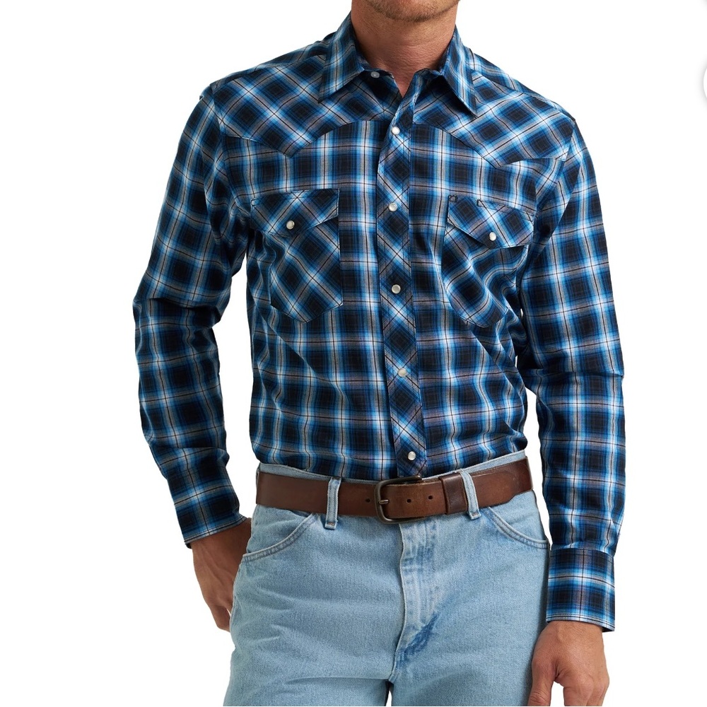 Wrangler Western Shirt Mens Large Blue Black Plaid Pearl Snap Long Sleeve